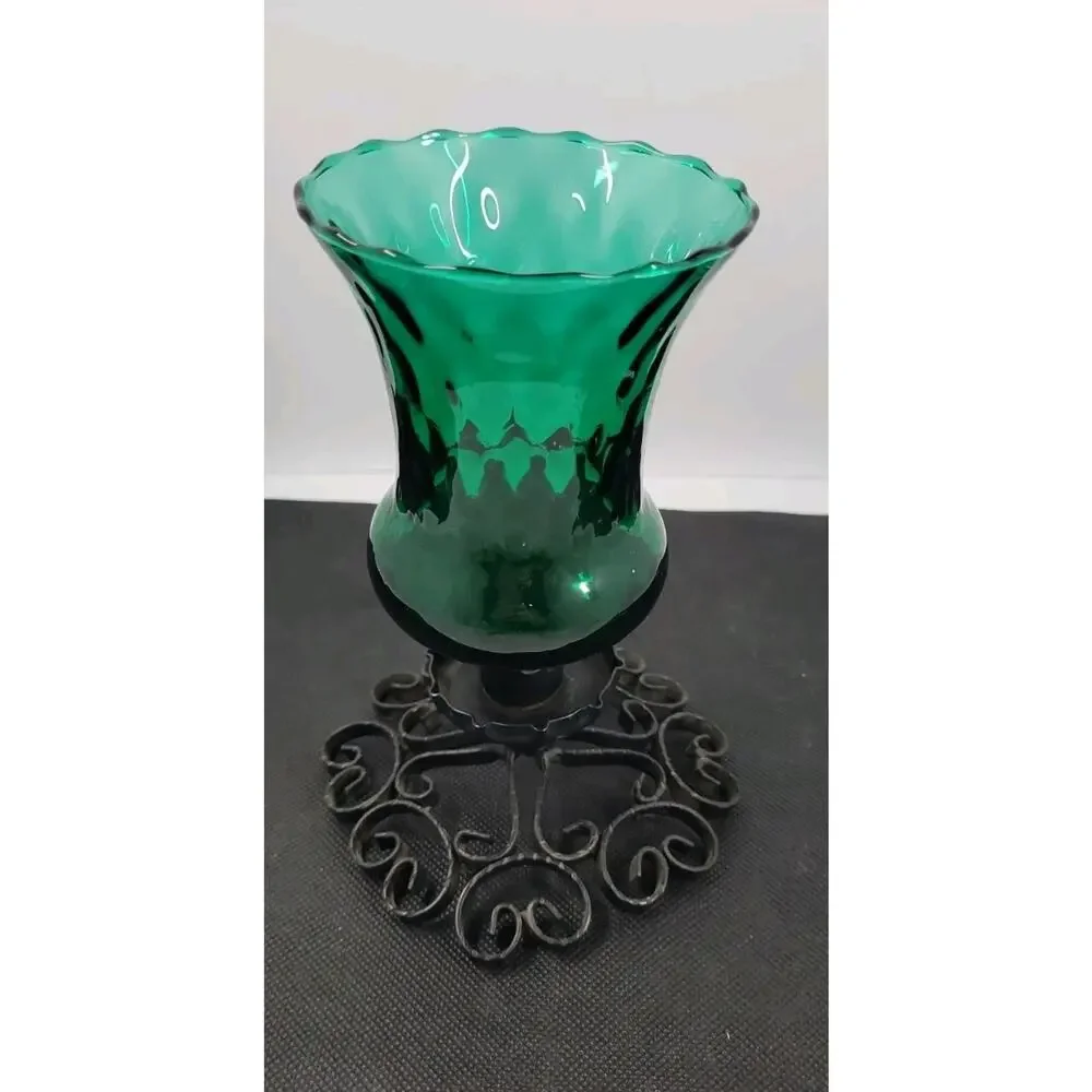 Vintage Emerald Green Glass Hurricane Candle Holder Black Scroll Iron Base Decor